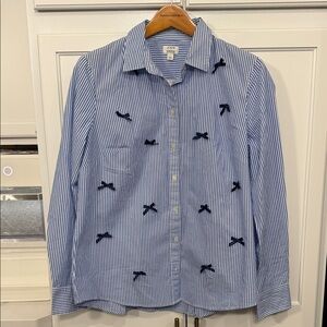 J. Crew Blue and White Striped Shirt with Navy Satin Bow Accents Size Large